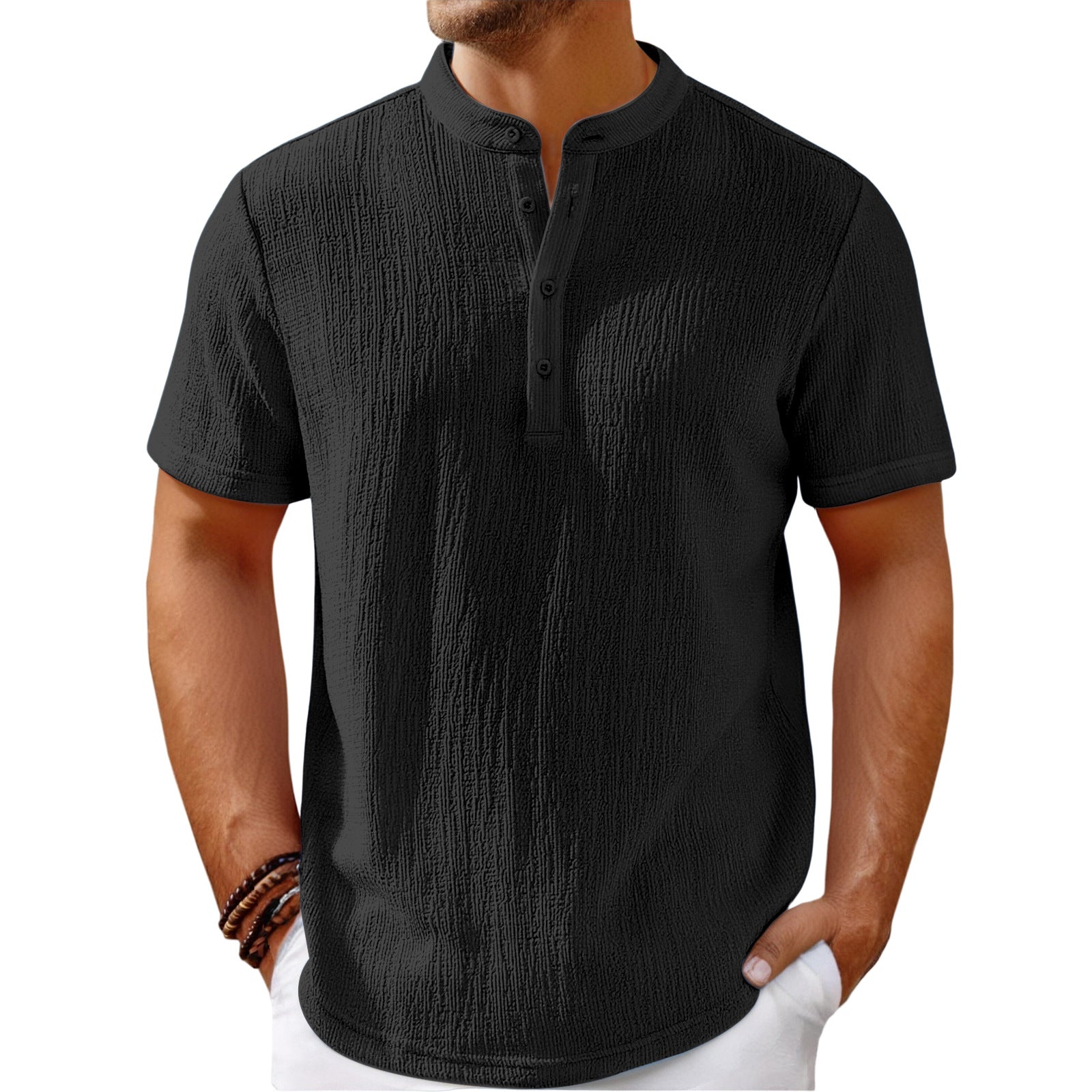 Men's Fashionable Casual Shirt Solid Color Retro Cotton And Linen Stripes Henley Shirt Casual Loose Men's Casual Shirt - Acquisti Online