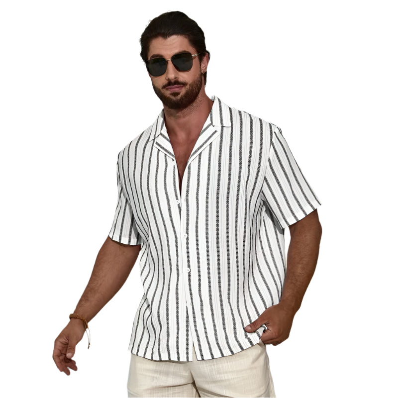 Men's Fashionable Casual Shirt Solid Color Geometric Contrast Color Striped 3D Digital Printing Men's Short Sleeve Shirt