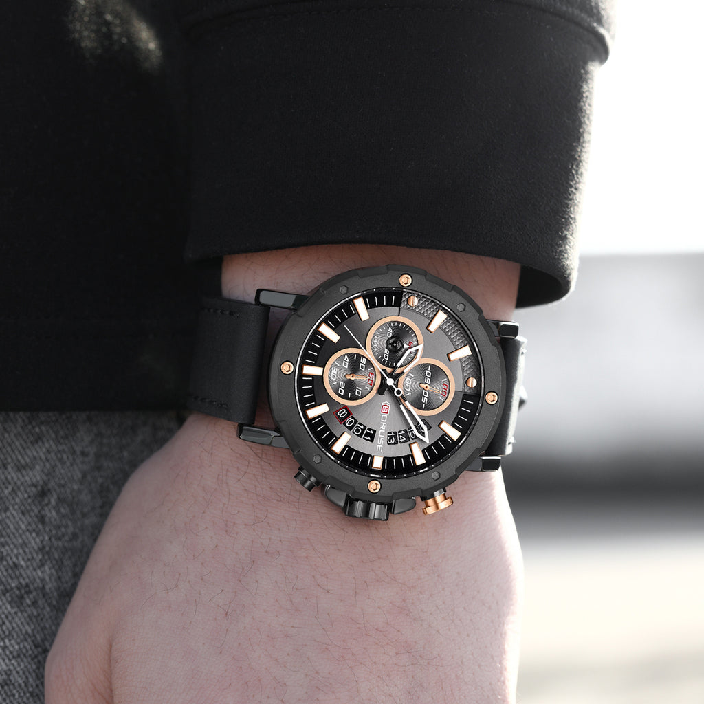 BORUSE Men's Business Quartz Watch Luxury Round Men's Watch Leather Strap Analog Calendar Men's Watch