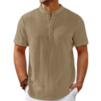Heren Retro Katoenen en Linnen Strepen Henley Overhemd Casual Los Overhemd