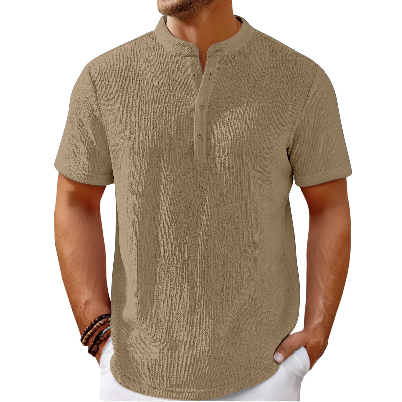 Men's Fashionable Casual Shirt Solid Color Retro Cotton And Linen Stripes Henley Shirt Casual Loose Men's Casual Shirt - Acquisti Online