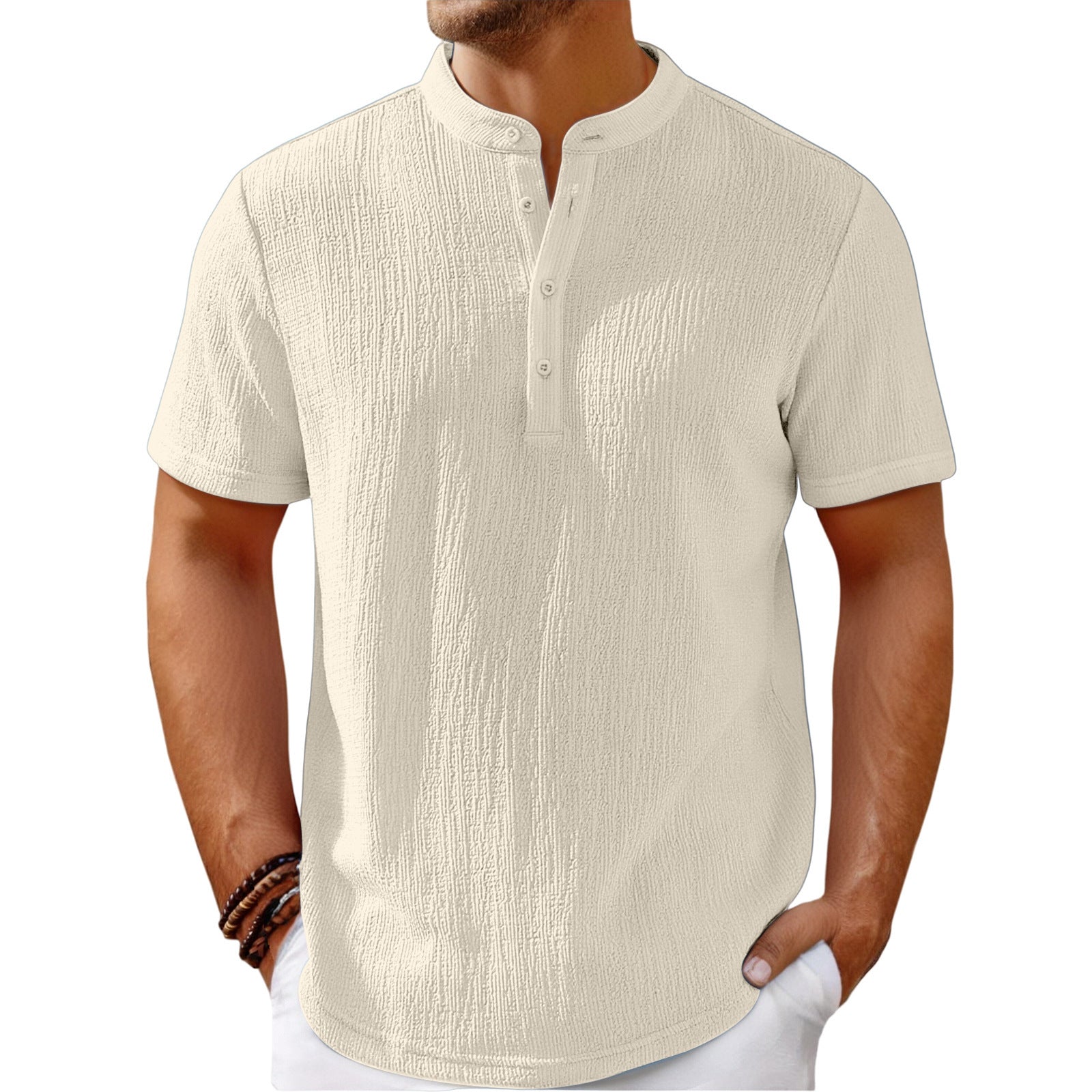 Men's Fashionable Casual Shirt Solid Color Retro Cotton And Linen Stripes Henley Shirt Casual Loose Men's Casual Shirt - Acquisti Online