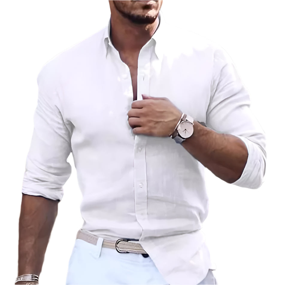 Katoenen linnen overhemd met lange mouwen, effen kleur, polokraag, casual stijl, herenoverhemd