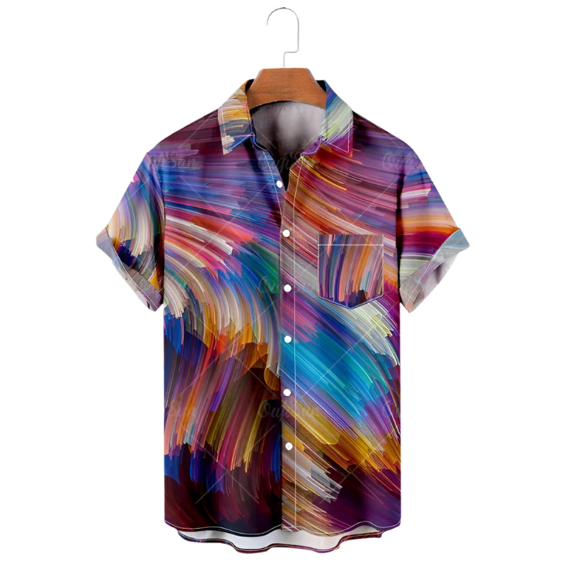Men's Fashionable Casual Shirt Plus Size Solid Color 3D Digital Printed Polyester Short Sleeve Hawaiian Men's Casual Shirt