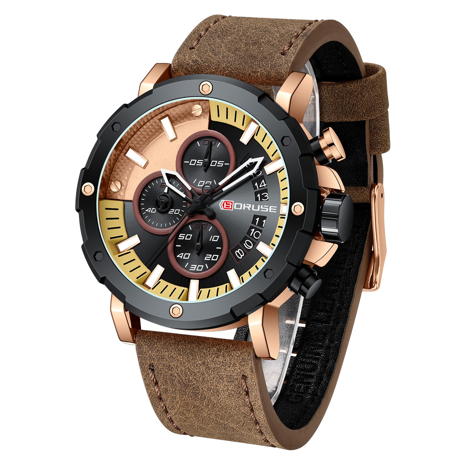 BORUSE Men's Business Quartz Watch Luxury Round Men's Watch Leather Strap Analog Calendar Men's Watch