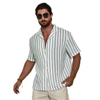 Geometric Contrast Color Striped 3D Digital Printing Short Sleeve Shirt