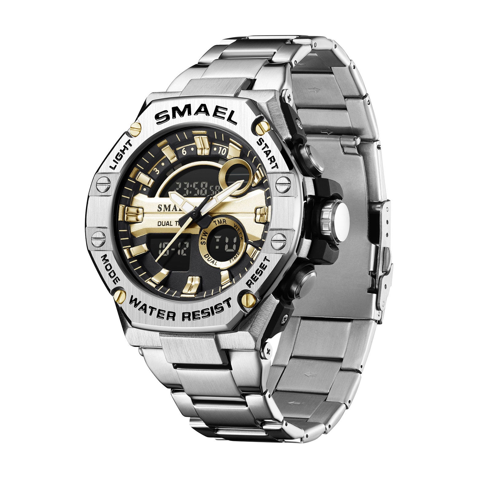 SMAEL Orologio elettronico al quarzo con cinturino in acciaio inossidabile, sveglia, orologio sportivo alla moda, orologio con doppio fuso orario