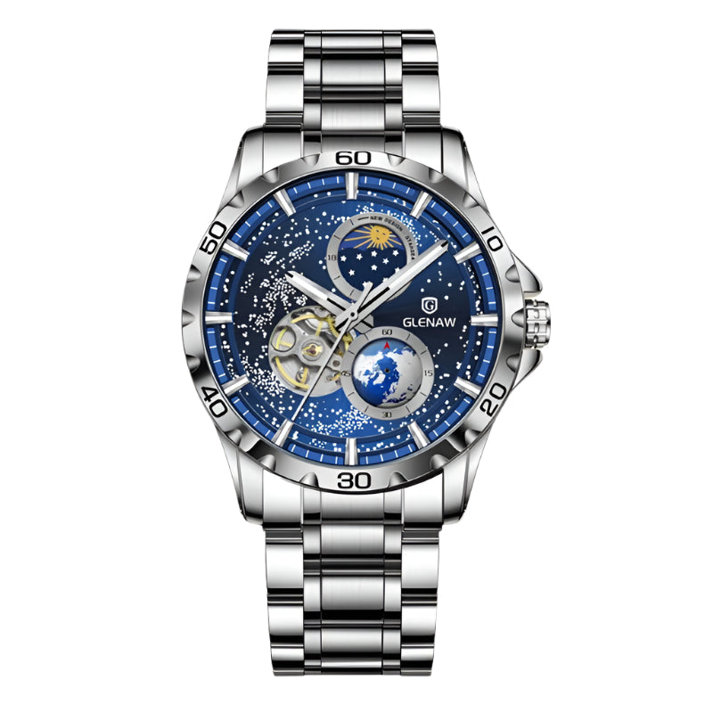GLENAW Orologio da polso da uomo Orologio meccanico automatico da uomo Orologio con cielo stellato in acciaio inossidabile con cinturino in pelle