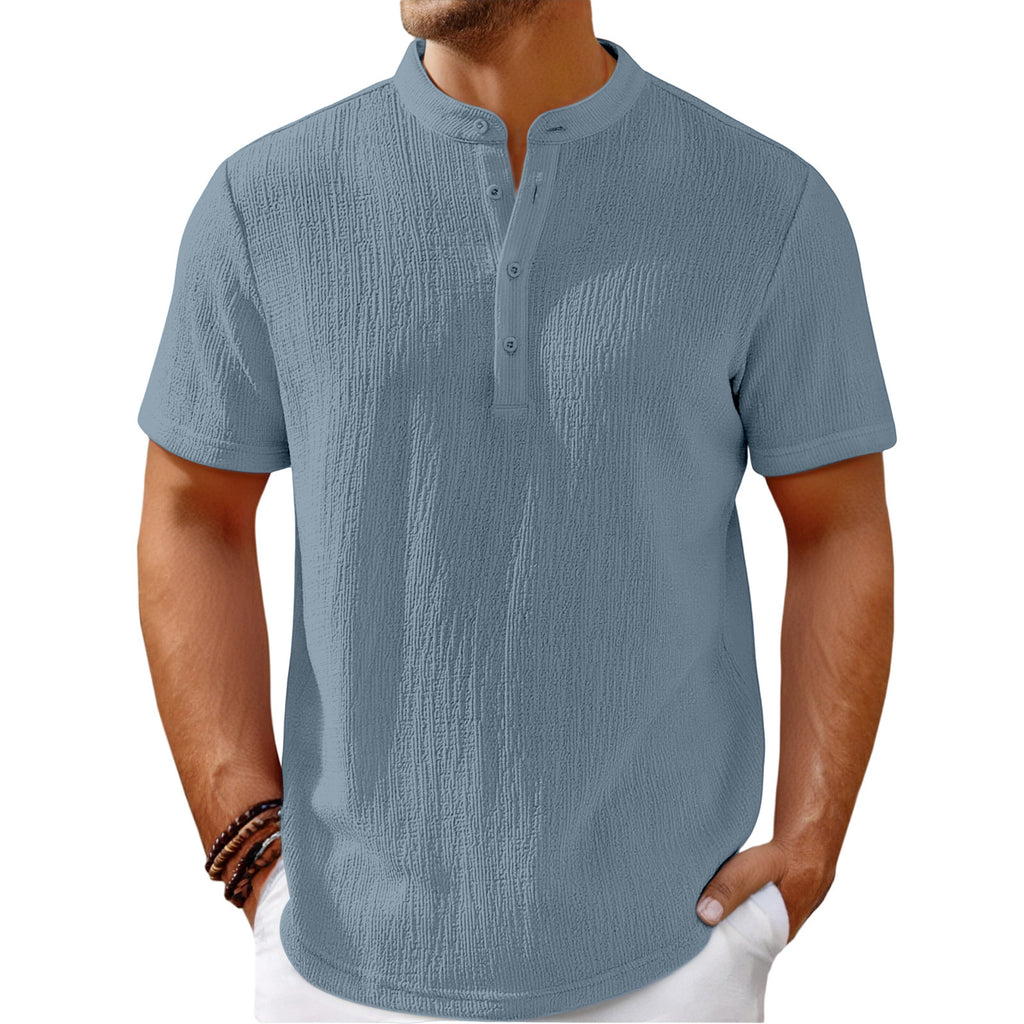 Heren Retro Katoenen en Linnen Strepen Henley Overhemd Casual Los Overhemd