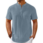 Heren Retro Katoenen en Linnen Strepen Henley Overhemd Casual Los Overhemd