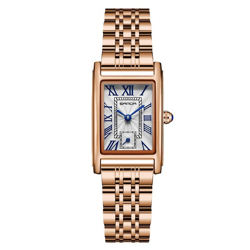 Sanda 1116 Dames Quartz Horloge Modieus Elegant Rechthoekig Waterdicht Leren Band Dames Polshorloge Romeinse Wijzerplaat Quartz Horloge