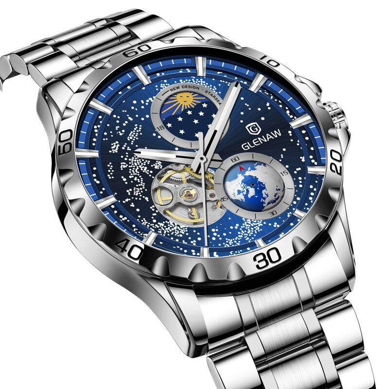 GLENAW Orologio da polso da uomo Orologio meccanico automatico da uomo Orologio con cielo stellato in acciaio inossidabile con cinturino in pelle
