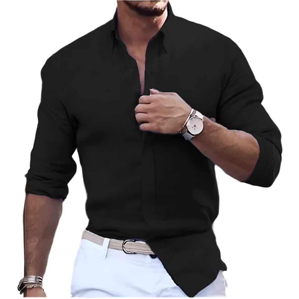 Katoenen linnen overhemd met lange mouwen, effen kleur, polokraag, casual stijl, herenoverhemd