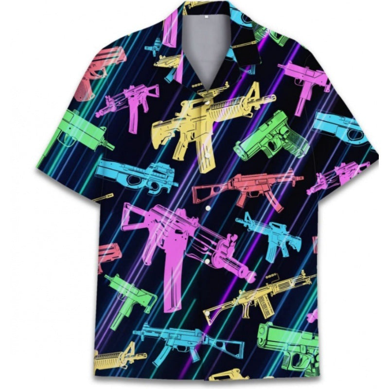 Men's Fashionable Casual Shirt Plus Size Solid Color 3D Digital Printed Polyester Short Sleeve Hawaiian Men's Casual Shirt