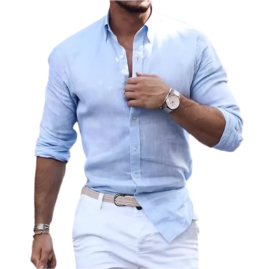 Katoenen linnen overhemd met lange mouwen, effen kleur, polokraag, casual stijl, herenoverhemd