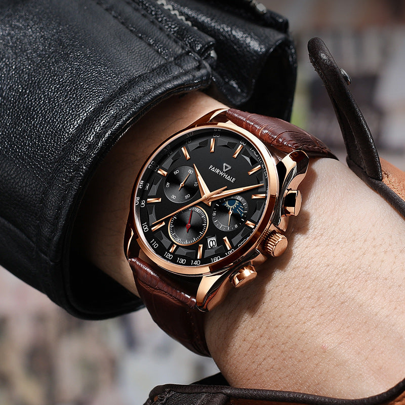 Mark Fairwhale Fashion Watch Three Eyes Timing Multi-Fuction Quartz Watches For Men Moonphase Wristwatch