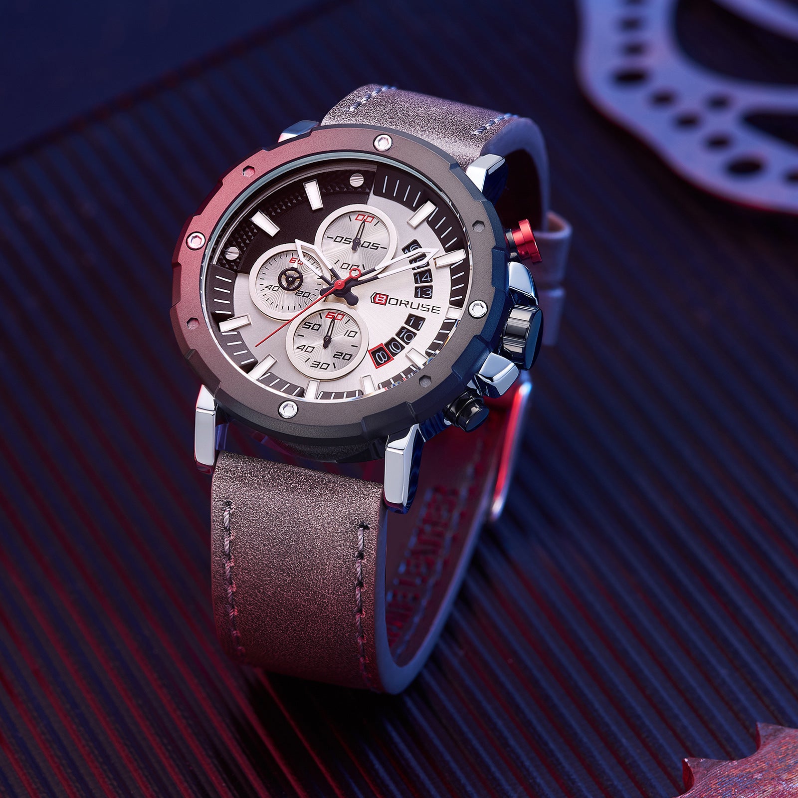 BORUSE Men's Business Quartz Watch Luxury Round Men's Watch Leather Strap Analog Calendar Men's Watch