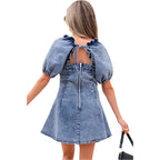 Spring And Summer New Solid Color Short Sleeve Dress Women All-match Backless