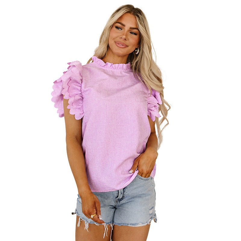 Women's Ruffled Sleeve Chiffon Blouse Solid Color Pullover Casual Style Ruffled Sleeves Fashionable Women's Dress