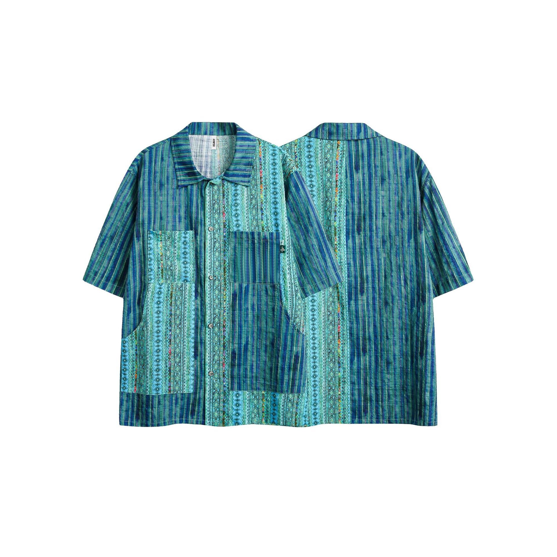 Men's Fashionable Casual Shirt Solid Color Retro Ethnic Style Patchwork Stripes Short Sleeve Men's Fashion Loose Shirt