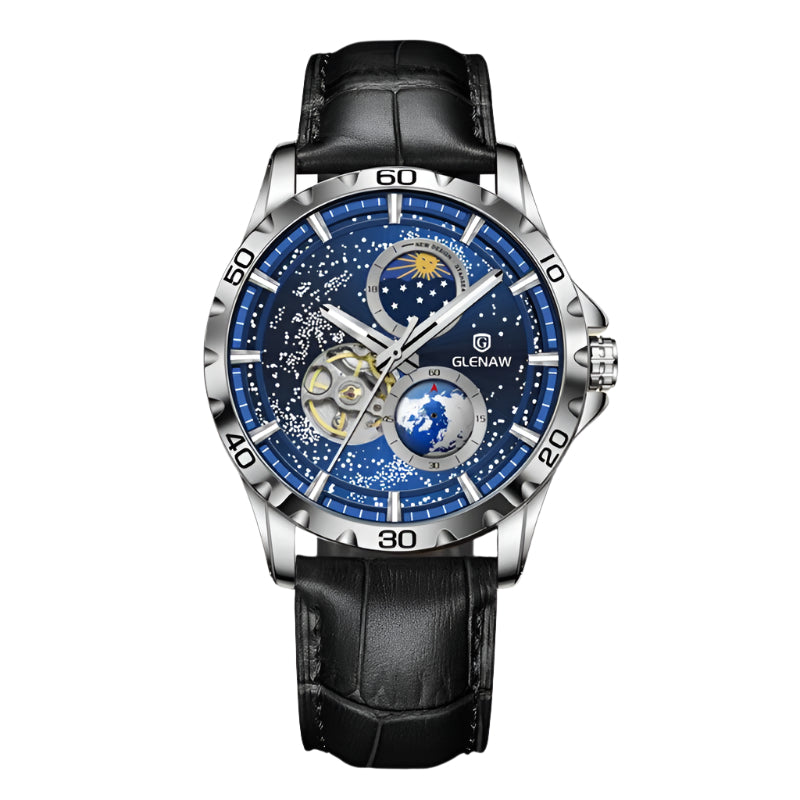 GLENAW Orologio da polso da uomo Orologio meccanico automatico da uomo Orologio con cielo stellato in acciaio inossidabile con cinturino in pelle