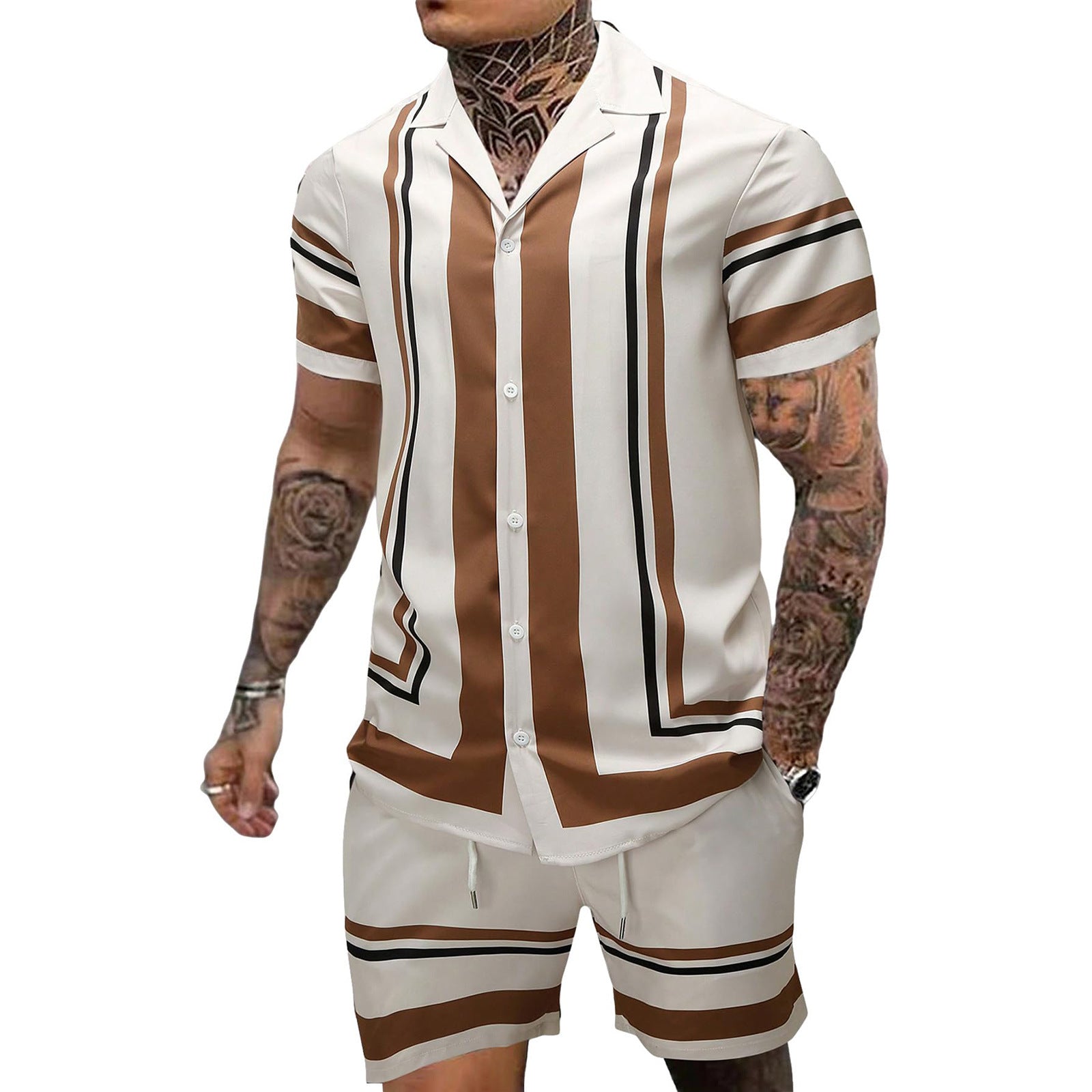 Men's Fashionable Casual Shirt Solid Color Cuban Collar Striped Short Sleeve Shirt Slim Fit Polyester Fiber Men's Casual Shirt