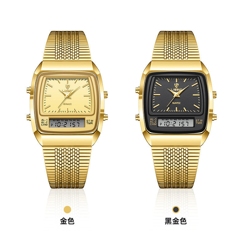 Orologio da polso digitale da uomo LIEBIG con cinturino in acciaio dorato, al quarzo, con doppio fuso orario e display settimanale, impermeabile