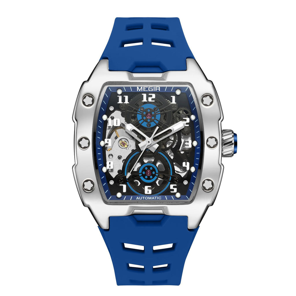 MEGIR 8602 Fashion Orange Men's Automatic Watch Waterproof Luminous Mechanical Wristwatch Hollow Tonneau Dial Silicone Strap