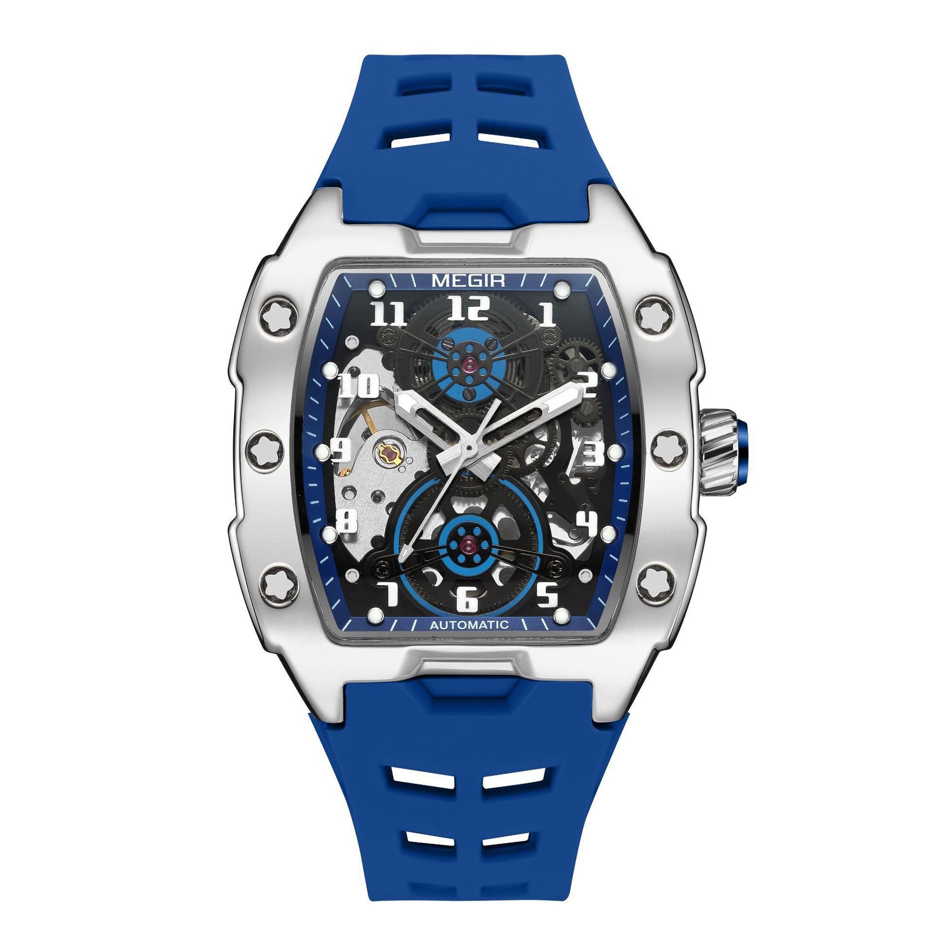 MEGIR 8602 Fashion Orange Men's Automatic Watch Waterproof Luminous Mechanical Wristwatch Hollow Tonneau Dial Silicone Strap