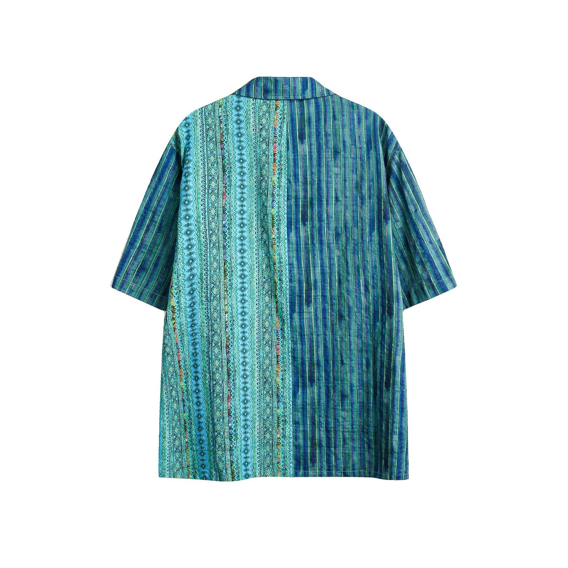 Men's Fashionable Casual Shirt Solid Color Retro Ethnic Style Patchwork Stripes Short Sleeve Men's Fashion Loose Shirt