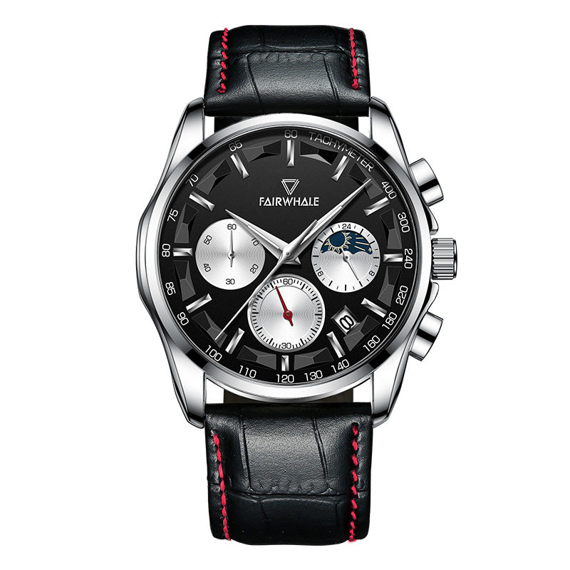 Orologio da polso Mark Fairwale Fashion, orologio multifunzione al quarzo Three Eyes Timing da uomo con fasi lunari.