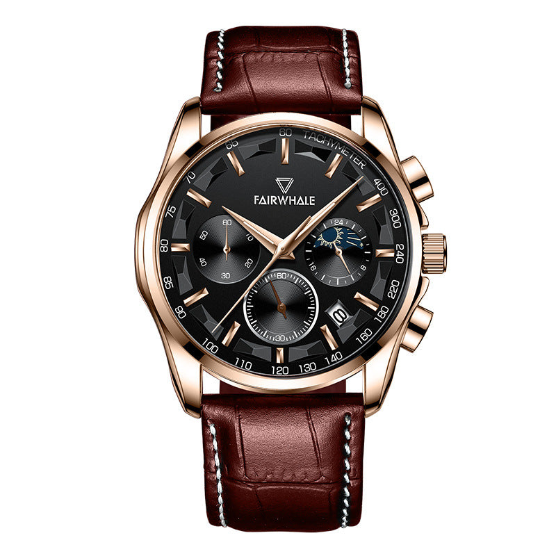 Orologio da polso Mark Fairwale Fashion, orologio multifunzione al quarzo Three Eyes Timing da uomo con fasi lunari.