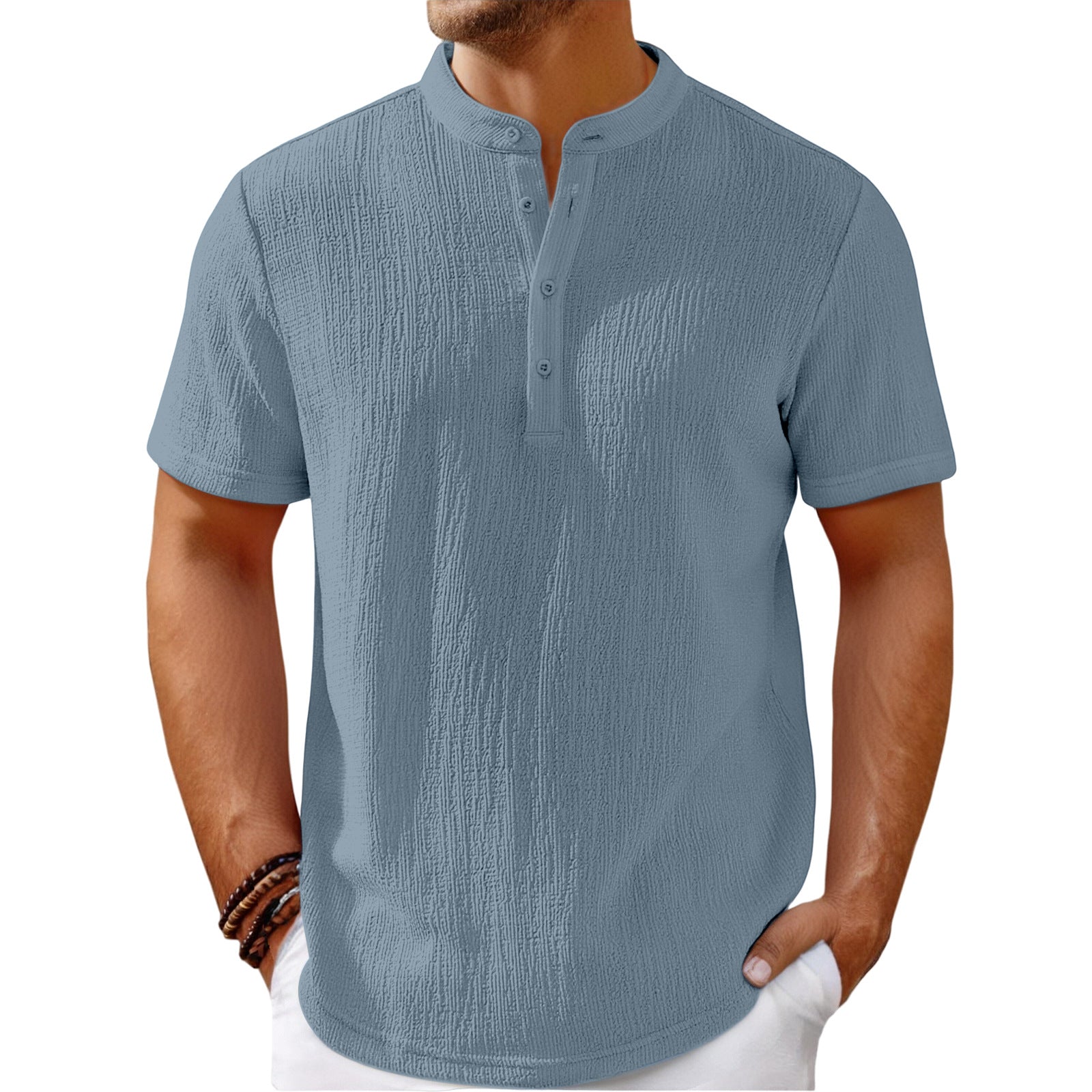 Men's Fashionable Casual Shirt Solid Color Retro Cotton And Linen Stripes Henley Shirt Casual Loose Men's Casual Shirt - Acquisti Online