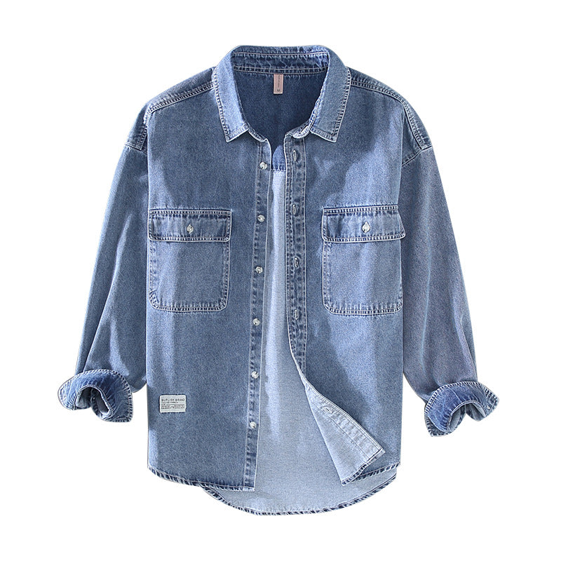 Men's Fashionable Casual Shirt Solid Color Retro Rewash Double Bag Men's Long Sleeve Light Color Men's Denim Shirt