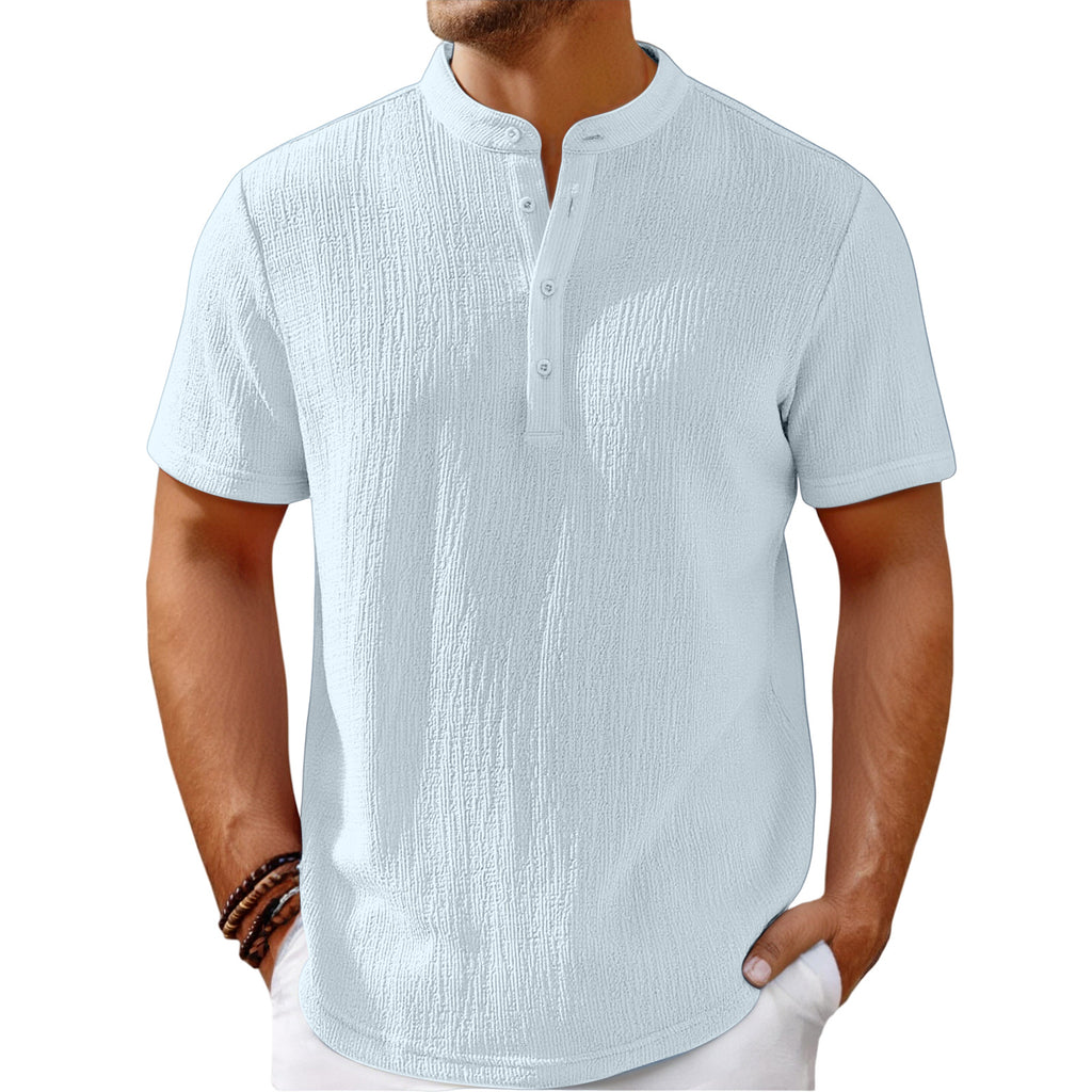 Heren Retro Katoenen en Linnen Strepen Henley Overhemd Casual Los Overhemd