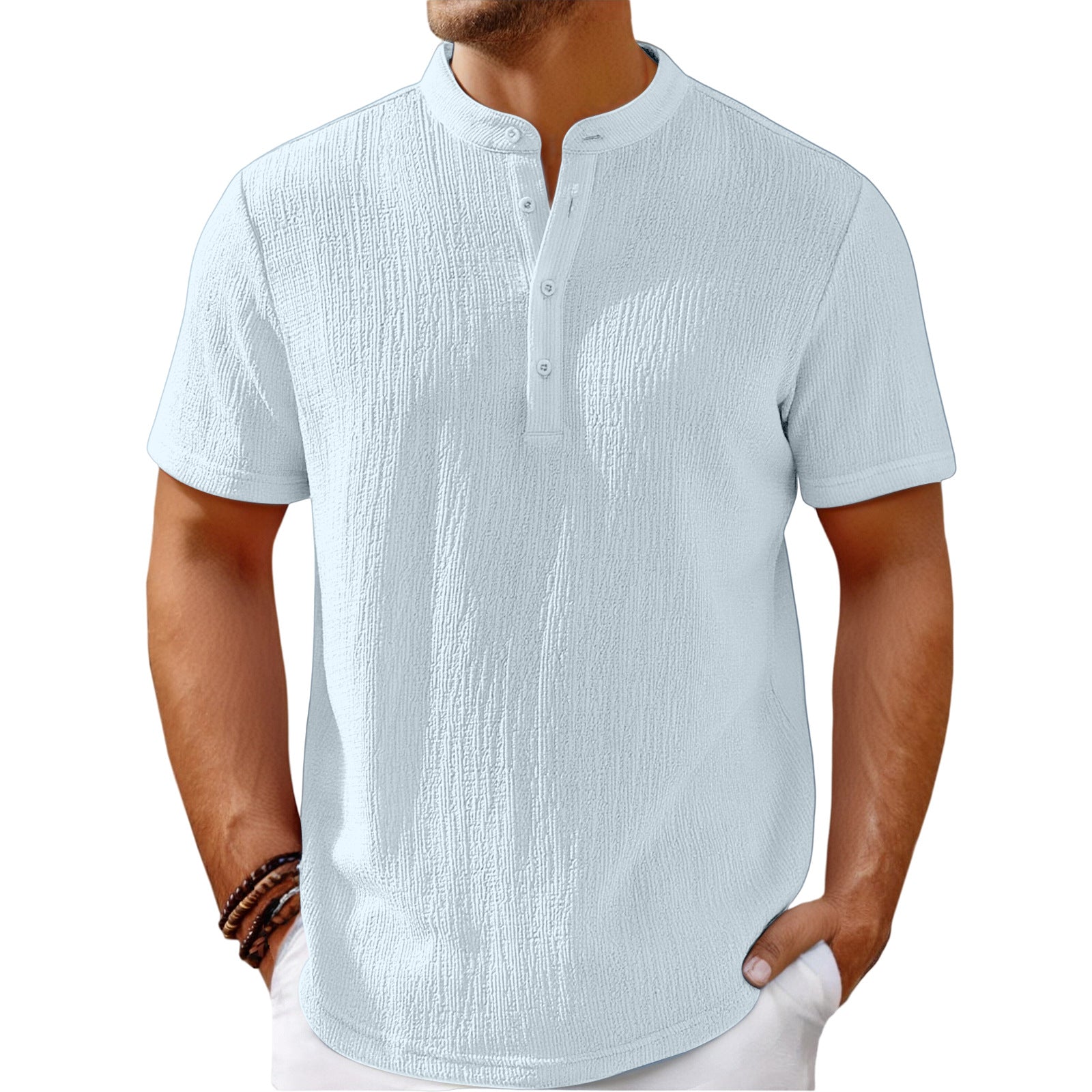 Men's Fashionable Casual Shirt Solid Color Retro Cotton And Linen Stripes Henley Shirt Casual Loose Men's Casual Shirt - Acquisti Online