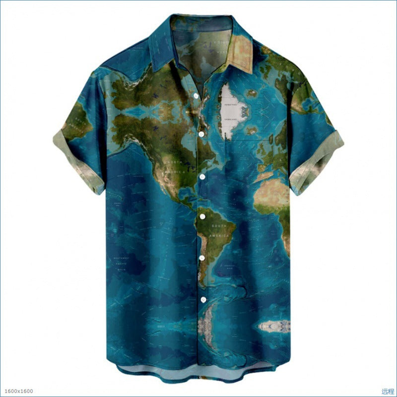 Men's Fashionable Casual Shirt Plus Size Solid Color 3D Digital Printed Polyester Short Sleeve Hawaiian Men's Casual Shirt