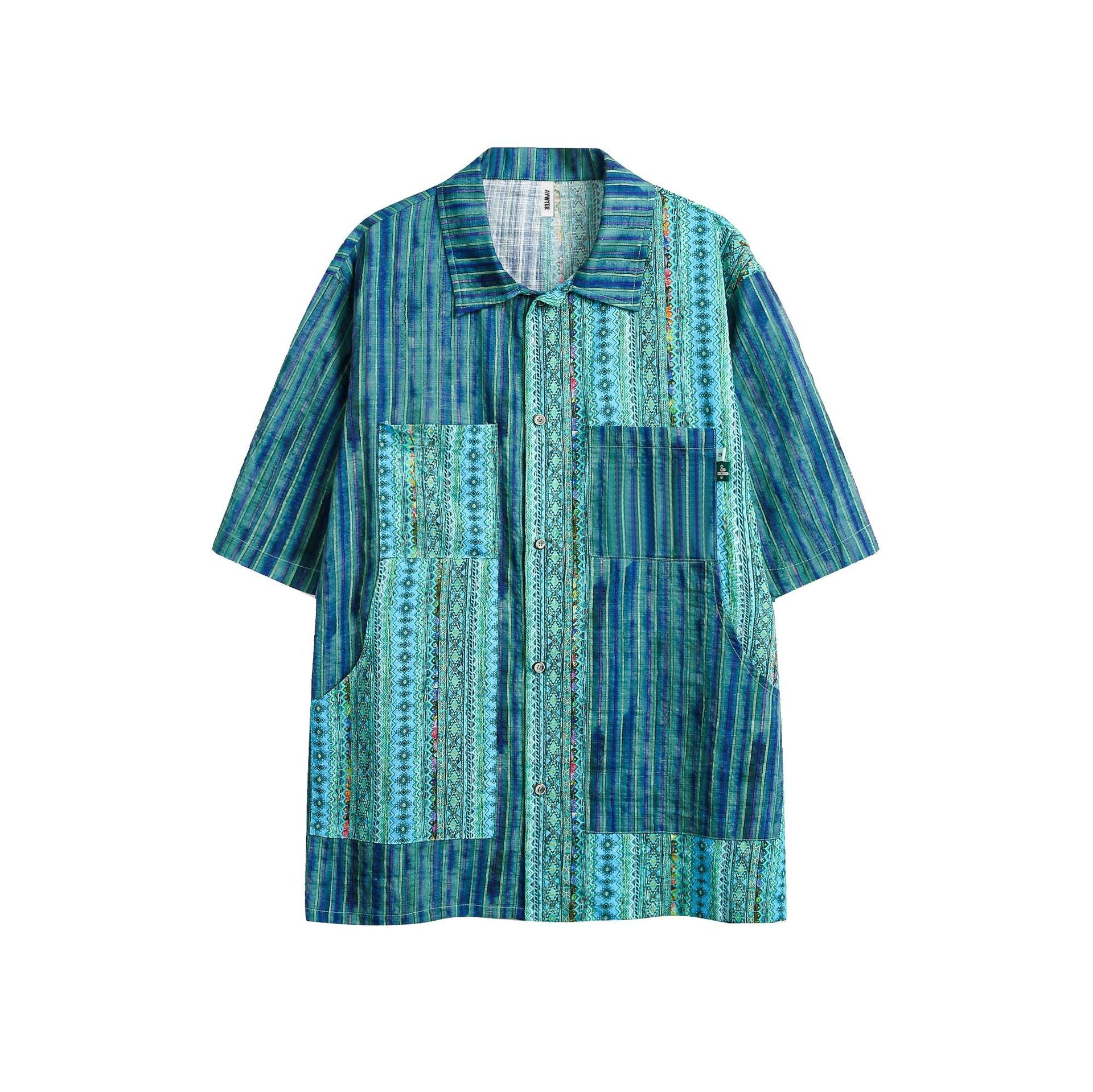 Men's Fashionable Casual Shirt Solid Color Retro Ethnic Style Patchwork Stripes Short Sleeve Men's Fashion Loose Shirt