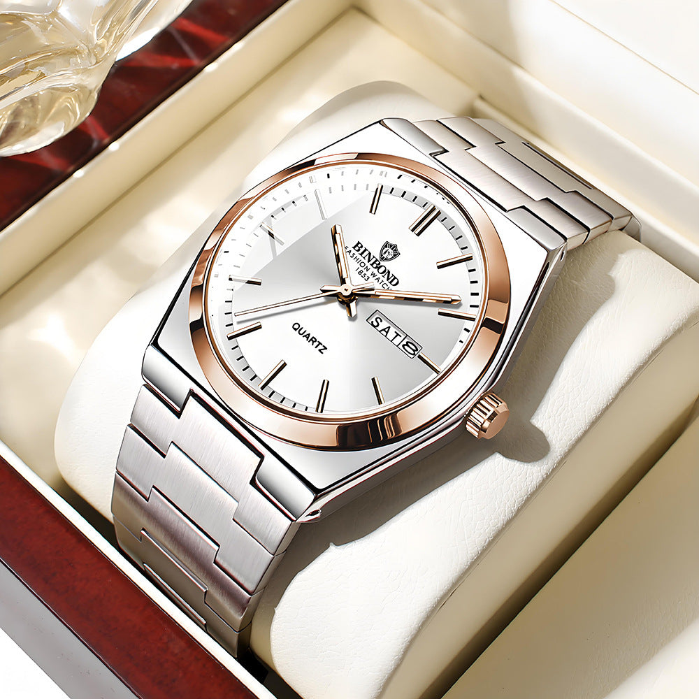 BINBOND Orologi da uomo al quarzo di lusso di alta marca, originali, impermeabili, luminosi, in acciaio inossidabile