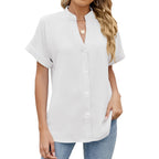 Solid Color And V-neck Loose Short Sleeve Button Women's Chiffon Shirt