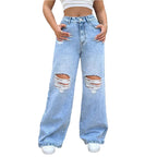 Women's New Ripped Washed Jeans Style Loose Straight Wide Leg Denim Pants Simple Casual Women's Fashion Jeans
