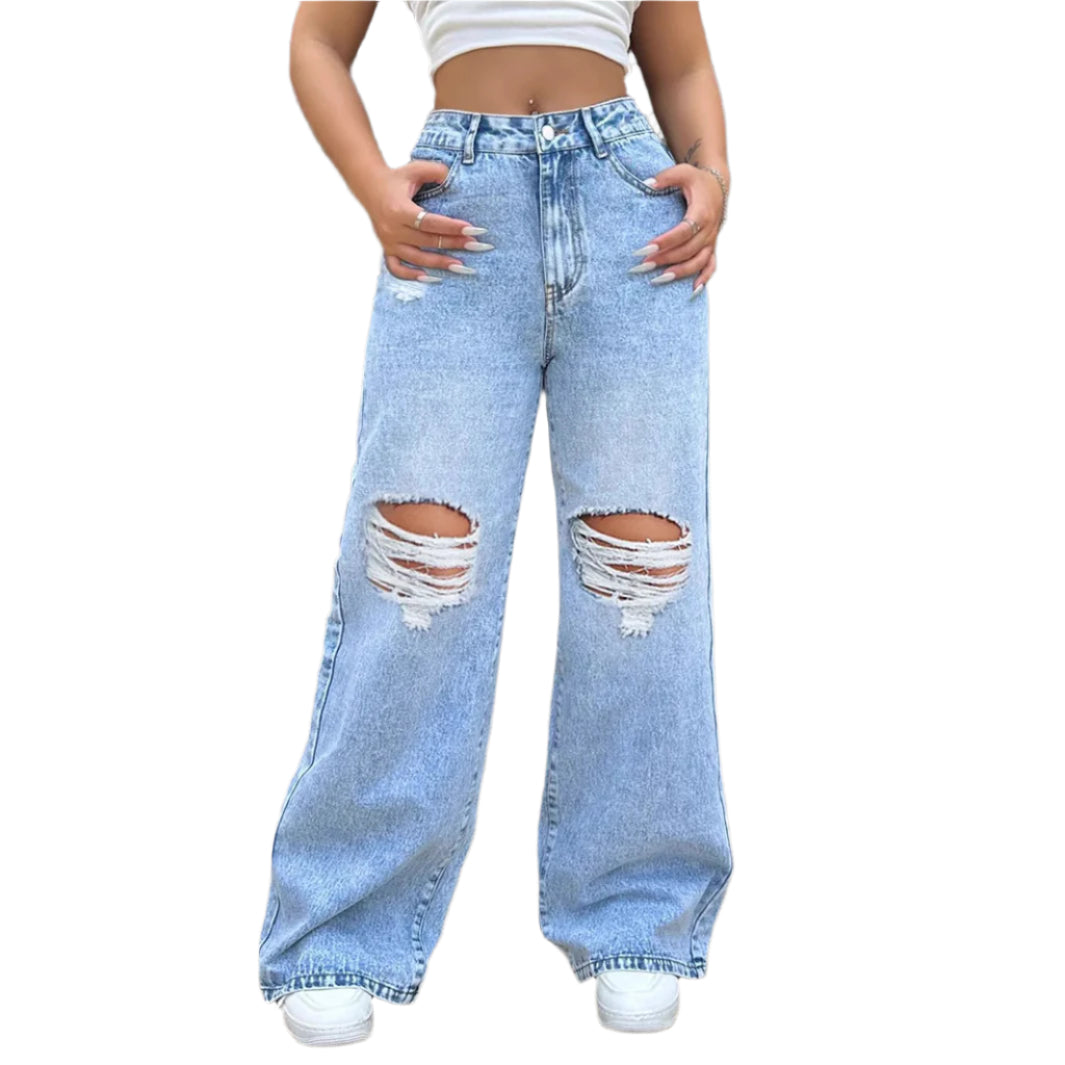 Jeans da donna nuovi, strappati e lavati, stile pantaloni larghi e dritti in denim, semplici e casual, alla moda da donna