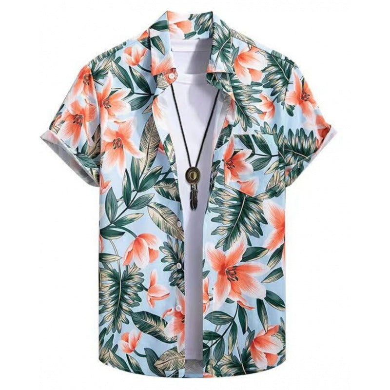 Men's Fashionable Casual Shirt Plus Size Solid Color 3D Digital Printed Polyester Short Sleeve Hawaiian Men's Casual Shirt