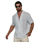 Geometric Contrast Color Striped 3D Digital Printing Short Sleeve Shirt