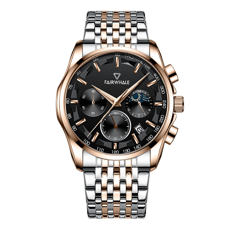 Orologio da polso Mark Fairwale Fashion, orologio multifunzione al quarzo Three Eyes Timing da uomo con fasi lunari.