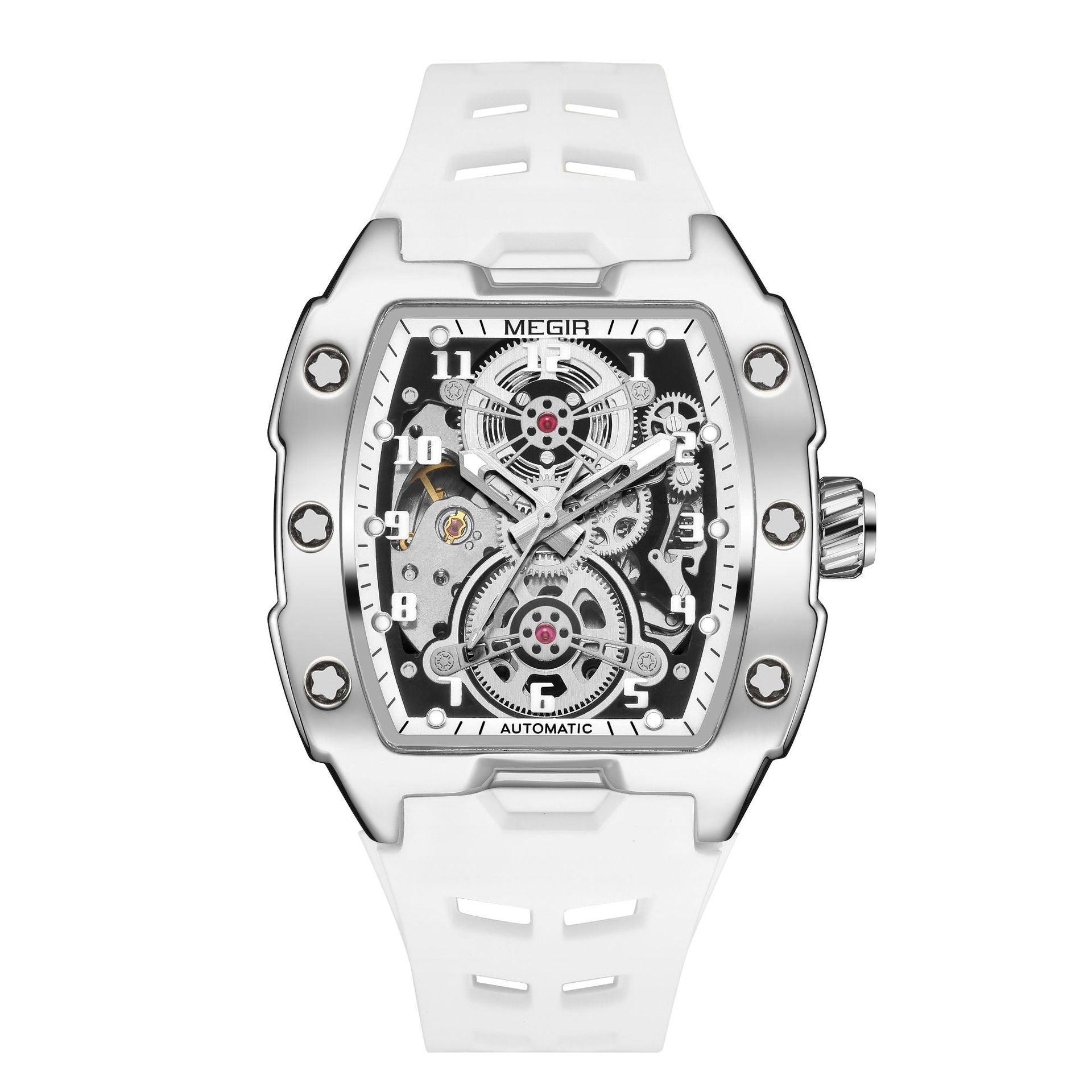MEGIR 8602 Fashion Orange Men's Automatic Watch Waterproof Luminous Mechanical Wristwatch Hollow Tonneau Dial Silicone Strap