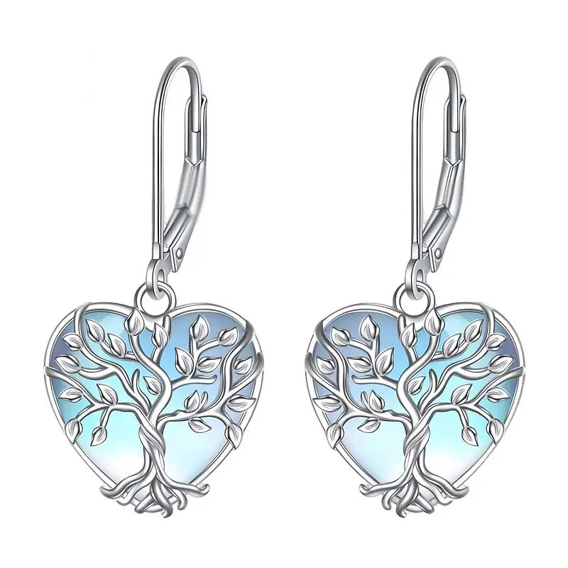 Damesoorbellen, modieus, van S925 sterling zilver, met Keltische knoop, maansteen en levensboommotief, hangende oorbellen met hendelsluiting.