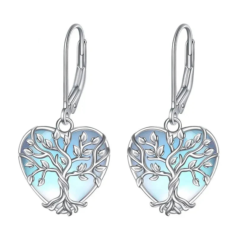 Damesoorbellen, modieus, van S925 sterling zilver, met Keltische knoop, maansteen en levensboommotief, hangende oorbellen met hendelsluiting.