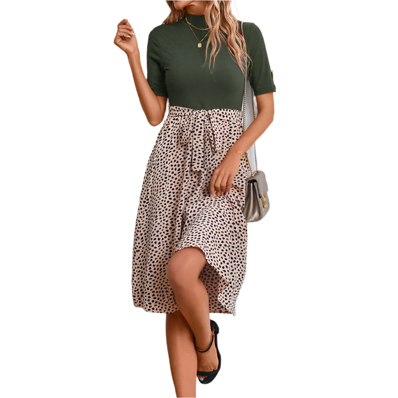 All-match And Sweet Half Turtleneck Leopard Print Color-matching Women's Dress