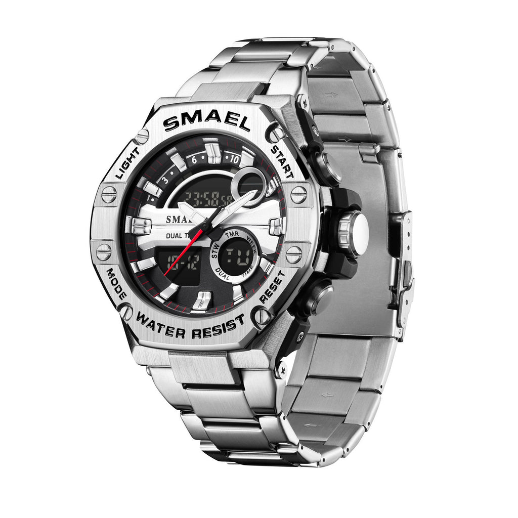 SMAEL Stainless Steel Band Quartz Electronic Watch Alarm Clocks Fashion Sports Watches Dual Time Display Watch
